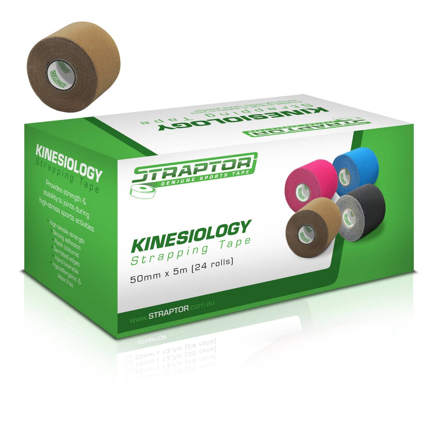 Kinesiology Tape Straptor 50mm x 5m in beige/flesh color, First Aid Distributions strapping tape for muscle support and injury treatment.