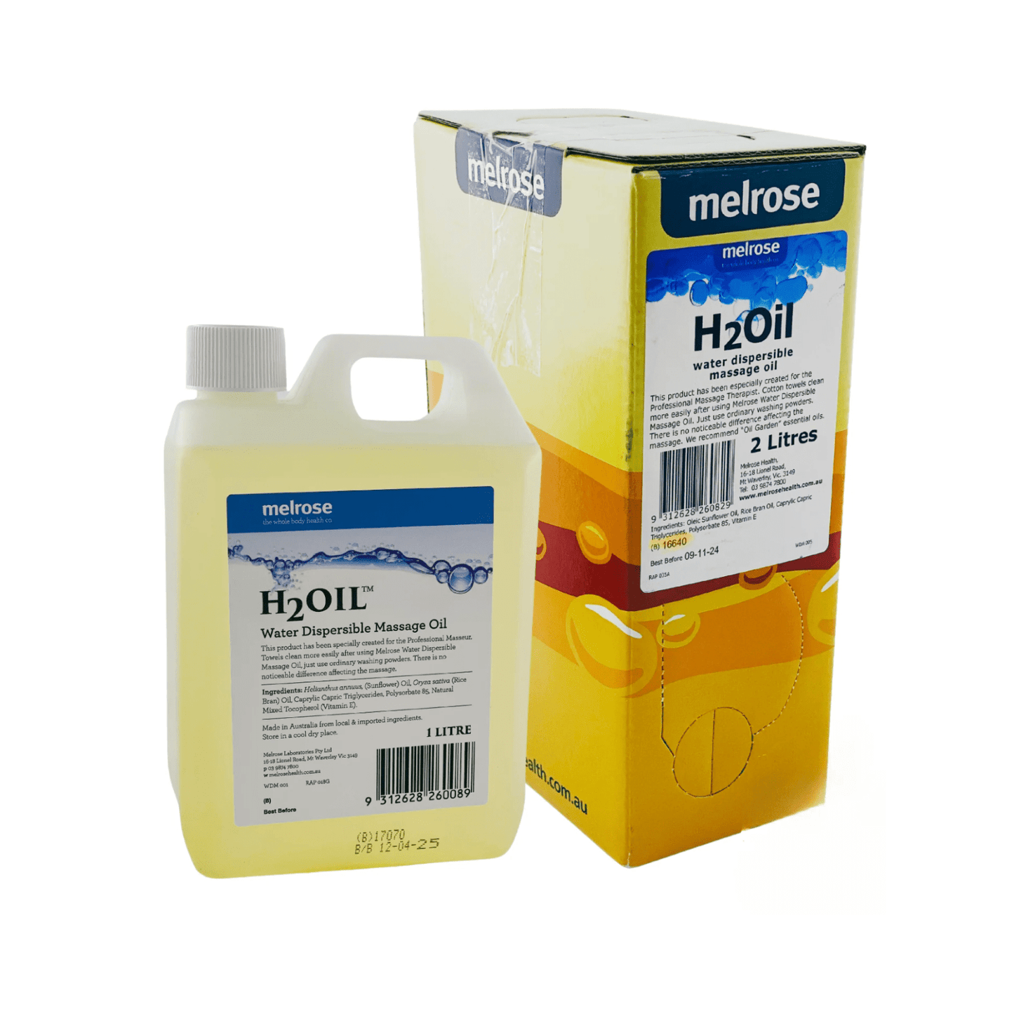 Melrose H2Oil Water Dispersible Massage Oil in a 1-liter bottle, designed for massage and strapping accessories, with clear labeling.