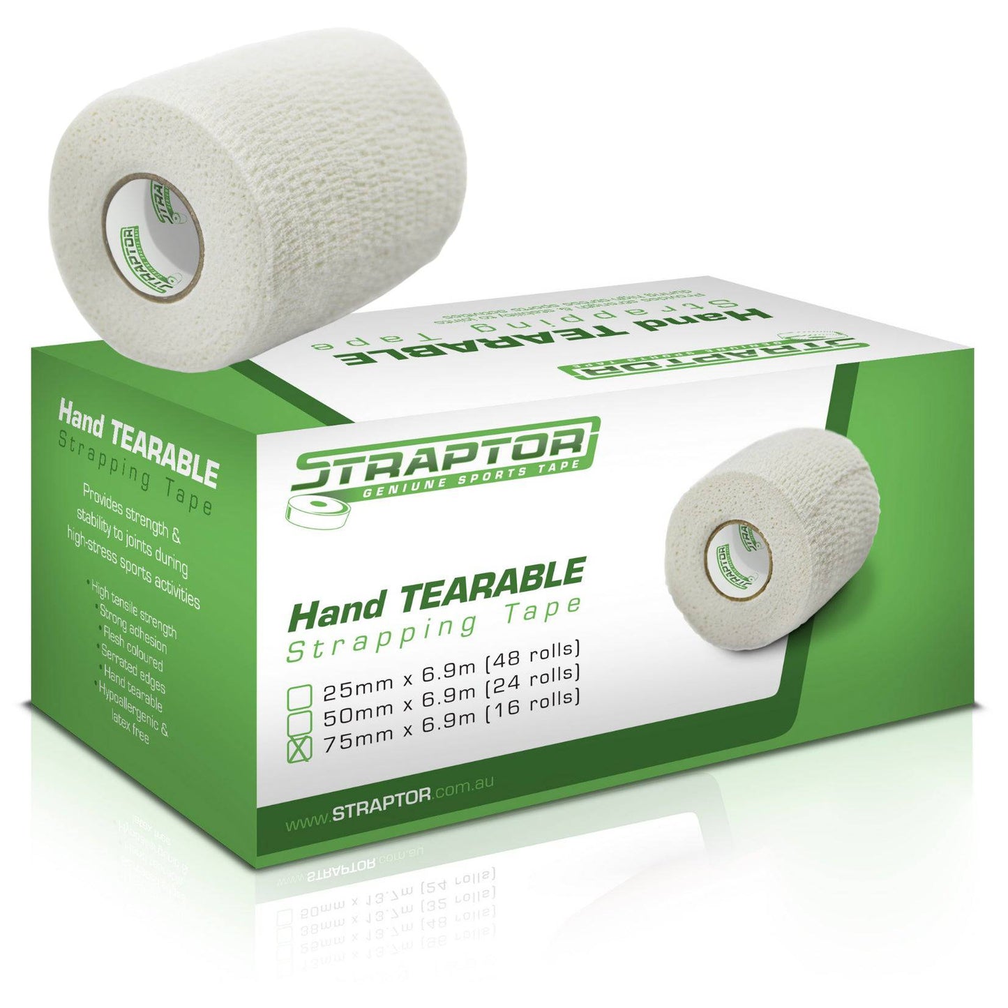 Hand Tearable Stretch Tape White 75mm x 6.9m - Straptor (16) - Straptor Sport Tape