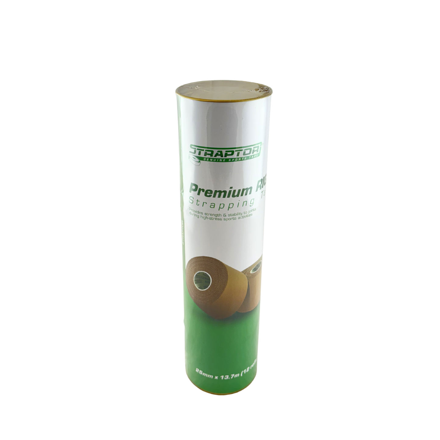 Rigid Strapping Tape by Straptor from First Aid Distributions, showing a 25-meter tube of durable medical strapping tape.