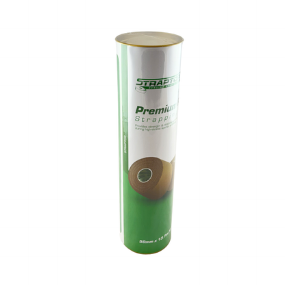 Rigid strapping tape by Straptor shown in a 50-meter tube for secure support and stabilization in first aid applications.