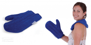 Blue Lupin Heat Pack from Therapeutic Pillow, aid for neck and shoulder pain relief, shown on a flat surface.